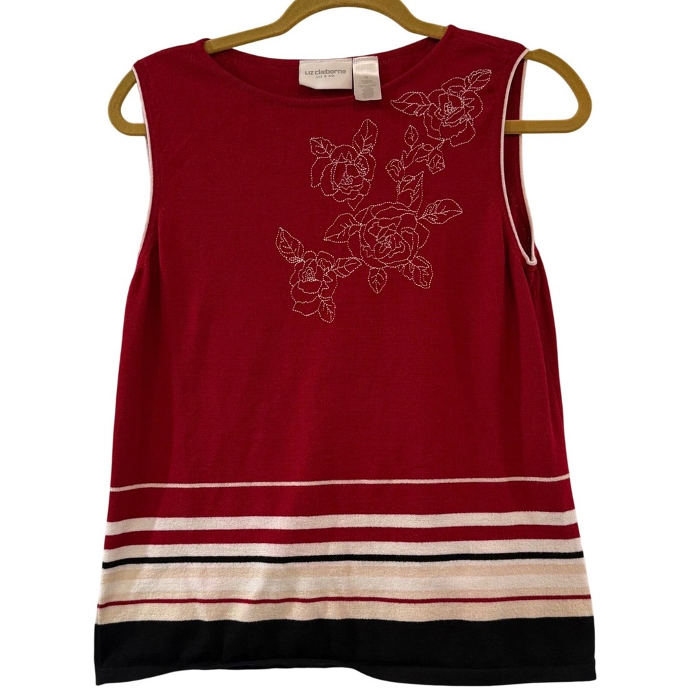 Liz Claiborne Floral Embroidered Knit Tank Top Y2K Preppy Cottagecore Striped